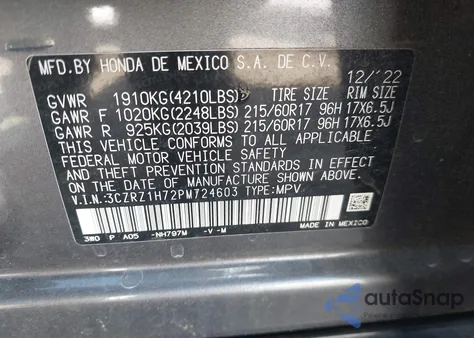 2023 Honda Hr-V 2Wd Ex-L z USA, uszkodzony, nr VIN 3CZRZ1H72PM724603